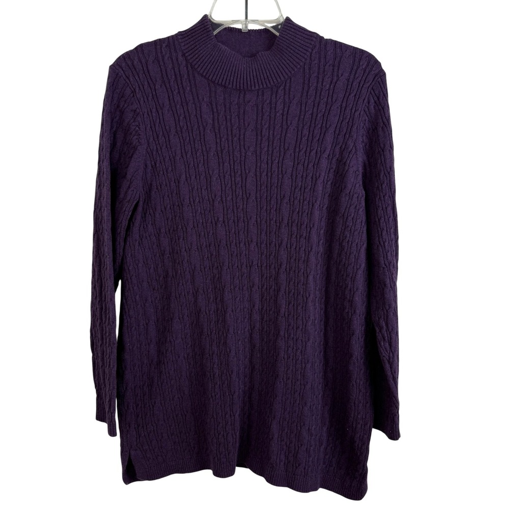 Lands End Purple Cable‎ Knit Mock Neck Long Sleeve Cotton Tunic Sweater Women' L